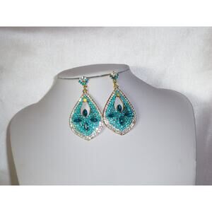 Teal blue rhinestone long dangle wedding party prom evening formal earrings